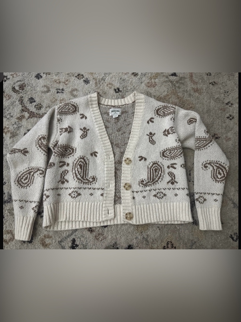 American Eagle Outfitters Cream Cardigan with Brown Paisley Motif